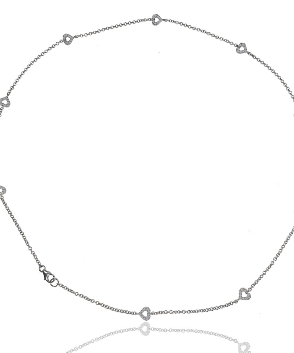 A necklace wrapped in hearts studded with diamonds